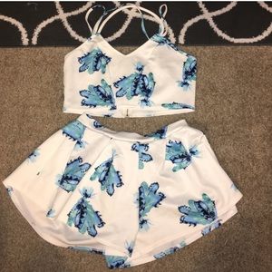 Blue and white floral pattern two piece romper